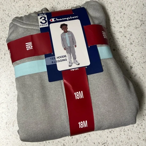 Champion Girl's Heavyweight 3 Piece Tee, Hoodie & Legging Set Oxford Heather 18M - Picture 8 of 9